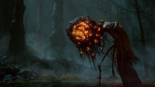 Artwork of Elden Ring enemy with skeletal limbs and giant bulbous golden head